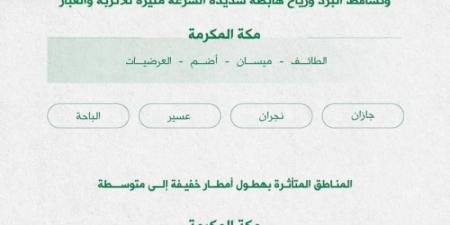 الدفاع المدني: استمرار هطول الأمطار الرعدية على بعض مناطق المملكة من يوم الجمعة حتى الثلاثاء المقبل