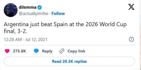مونديال 2026 .. تغريدة قديمة تتوقع نهائي الأرجنتين وإسبانيا ونتيجة المباراة بدقة مذهلة!