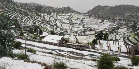 الأبيض يكسو جبل صبر.. عاصفة برد وثلوج تحول مرتفعات تعز إلى لوحة نادرة