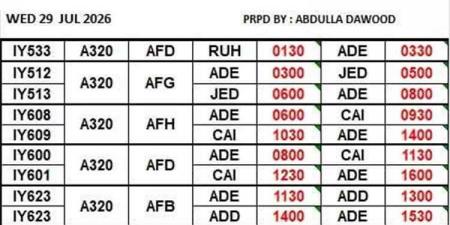 الخطوط الجوية اليمنية تعلن جدول رحلاتها ليوم الأربعاء 29 يوليو 2026