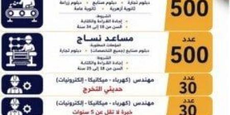 1100 فرصة عمل في مجالات الإنتاج والهندسة والتشغيل.. المستندات المطلوبة وطريقة التقديم