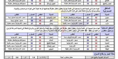 الأرصاد تحذر من أمطار رعدية ورياح شديدة في عدد من المحافظات خلال 24 ساعة