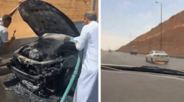 بالفيديو سعودي بطل يتمكن من انقاذ مركبة اثناء اشتعالها علي طريق الرياض
